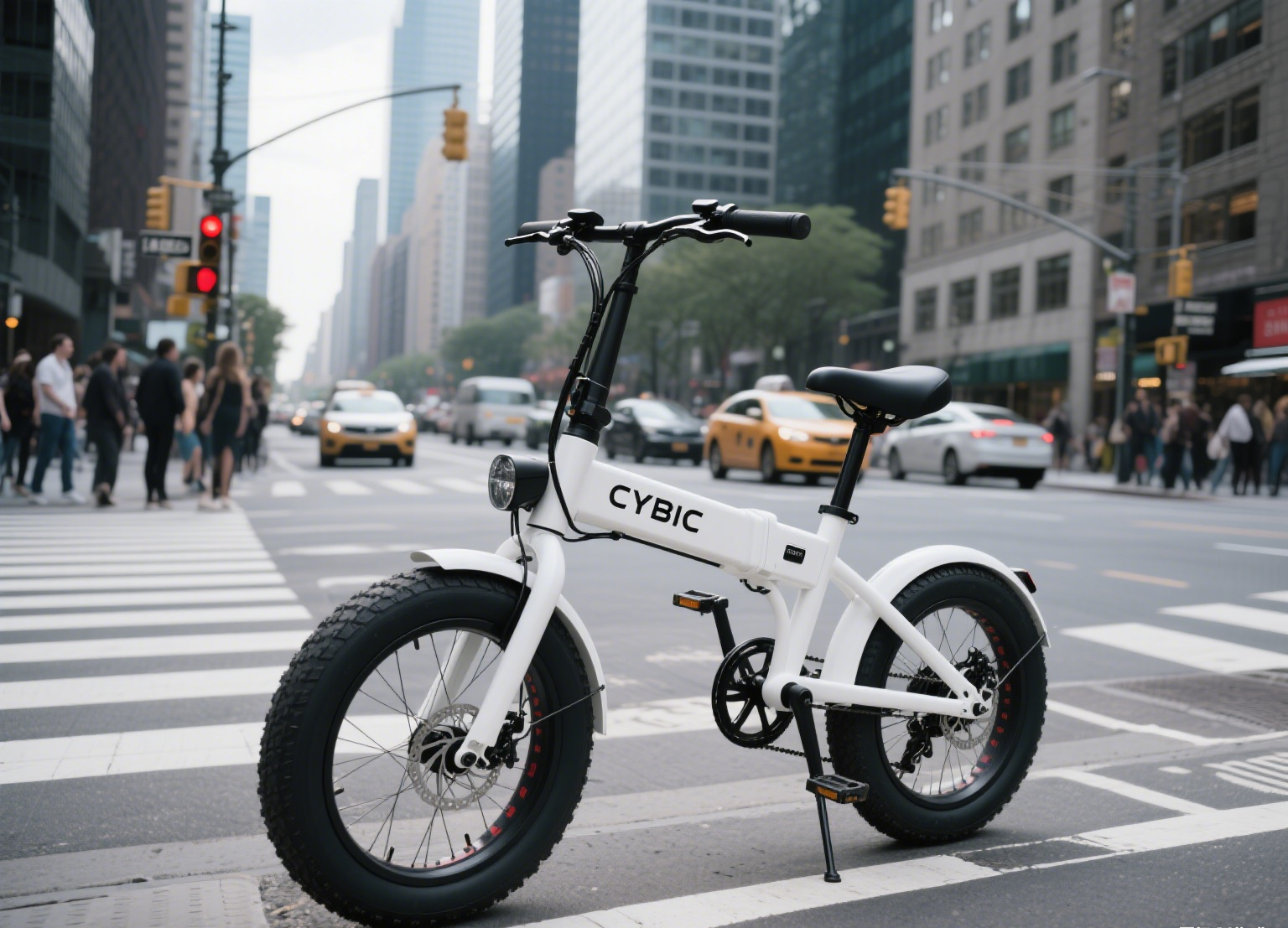 Bicicleta electr&oacute;nica plegable blanca en la ciudad