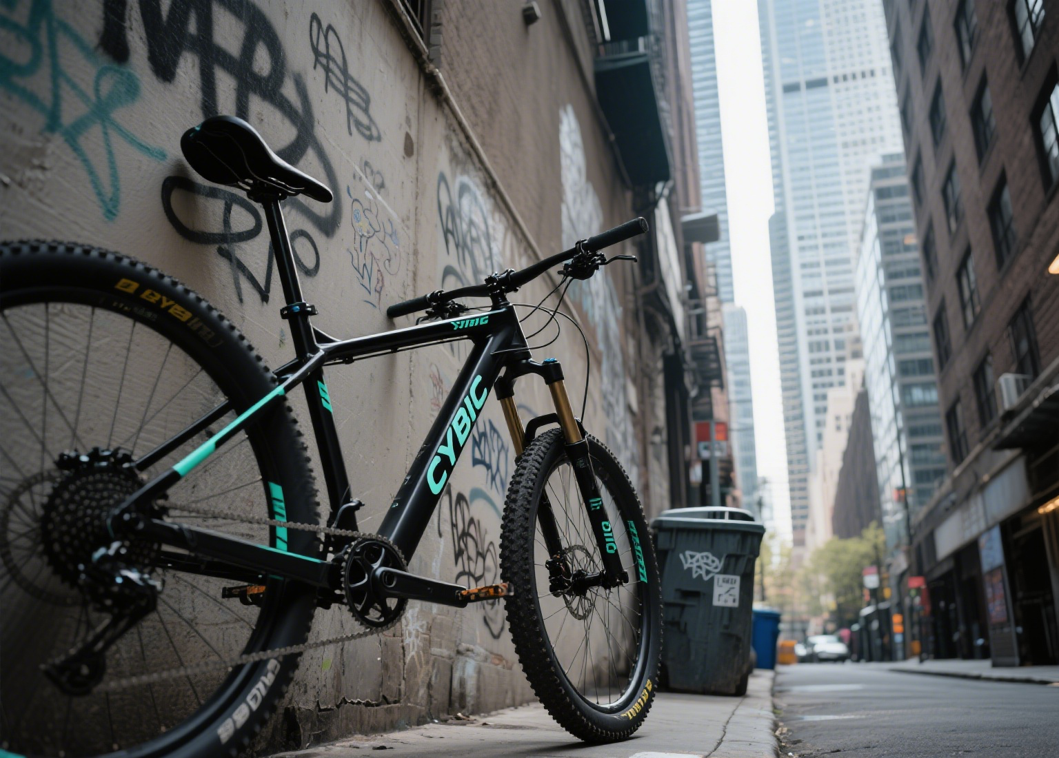 Bicicleta negra por muro de graffiti