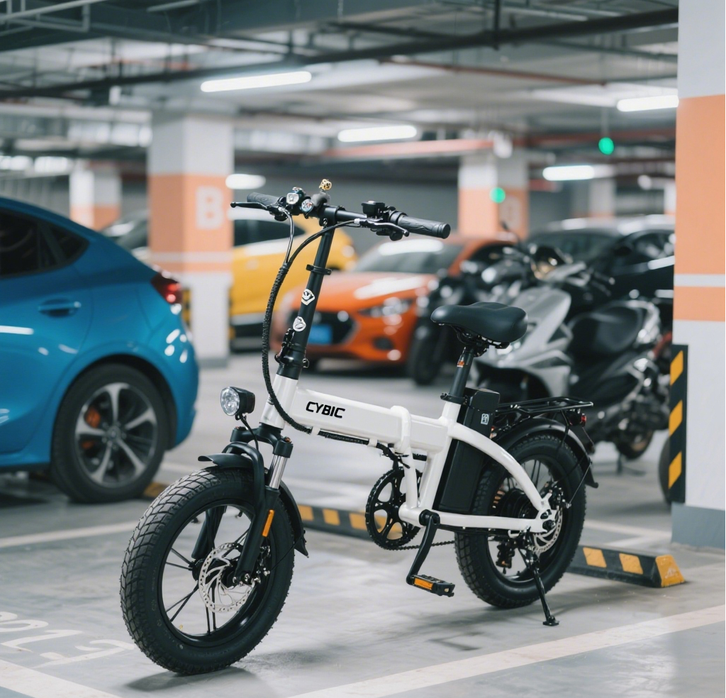 White Pleging E - Bike en el estacionamiento